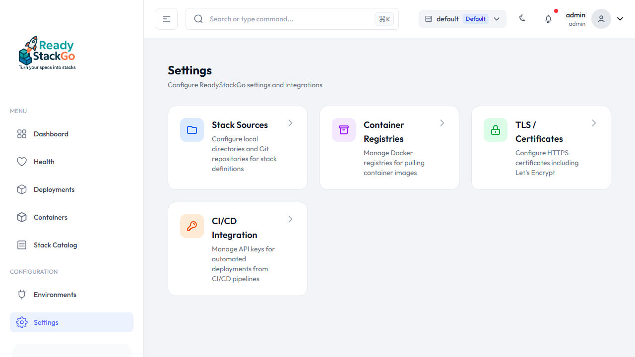 Settings-Seite mit CI/CD Integration
