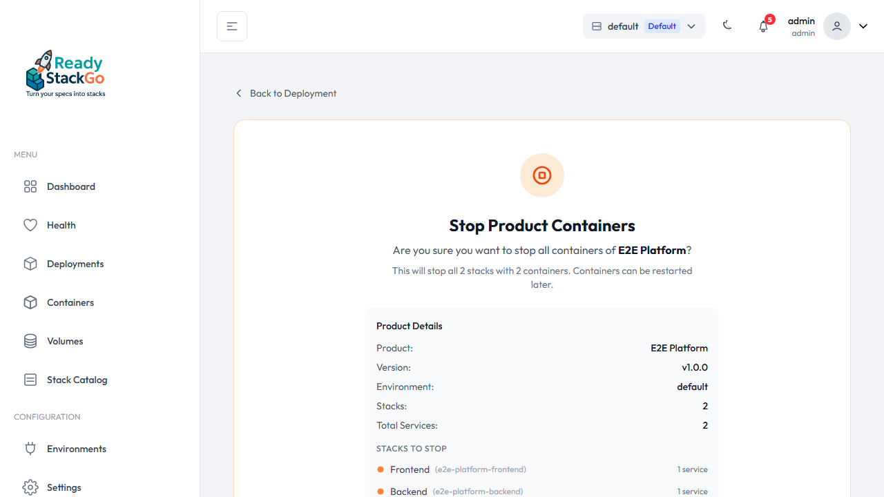 Bestätigungsseite für Stop Containers