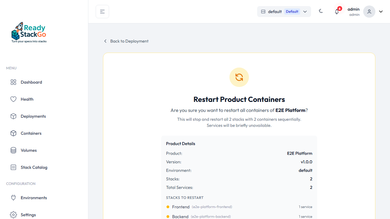Bestätigungsseite für Restart Containers