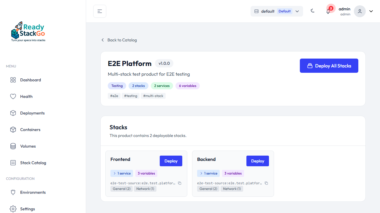 Produkt-Detailseite mit Stack-Übersicht und Deploy All Button