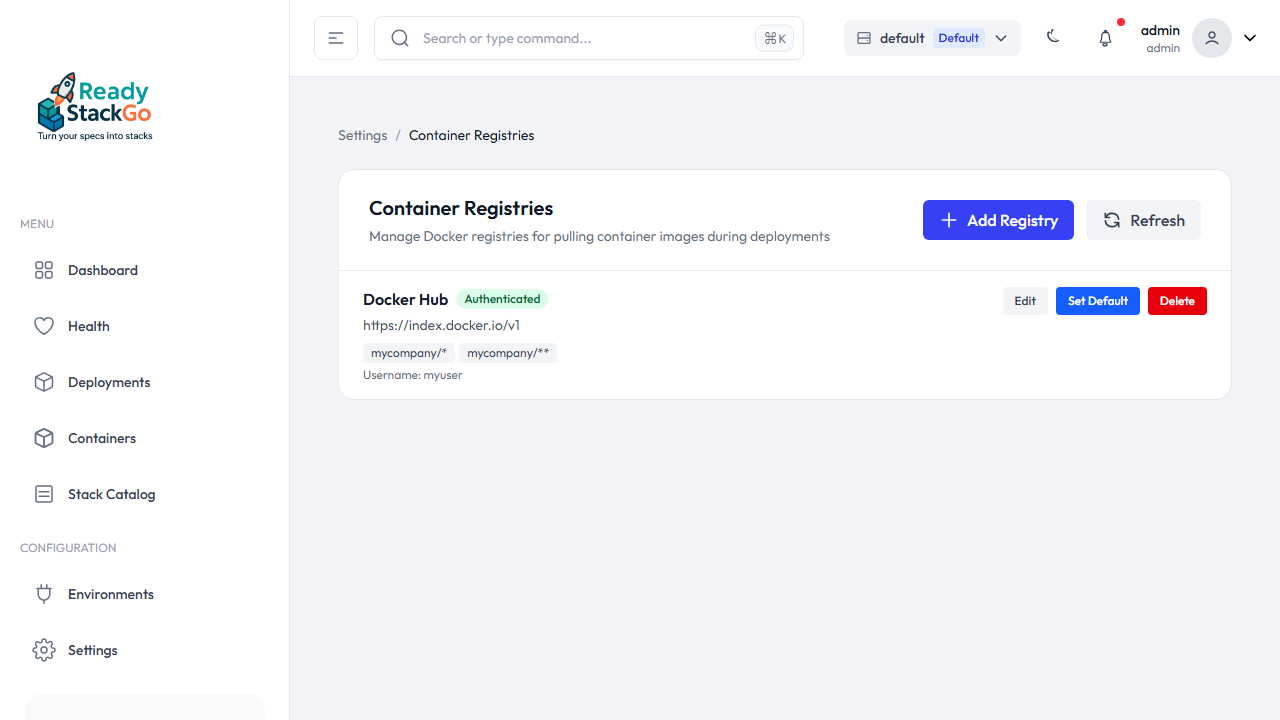 Registry-Liste mit neu angelegter Docker Hub Registry