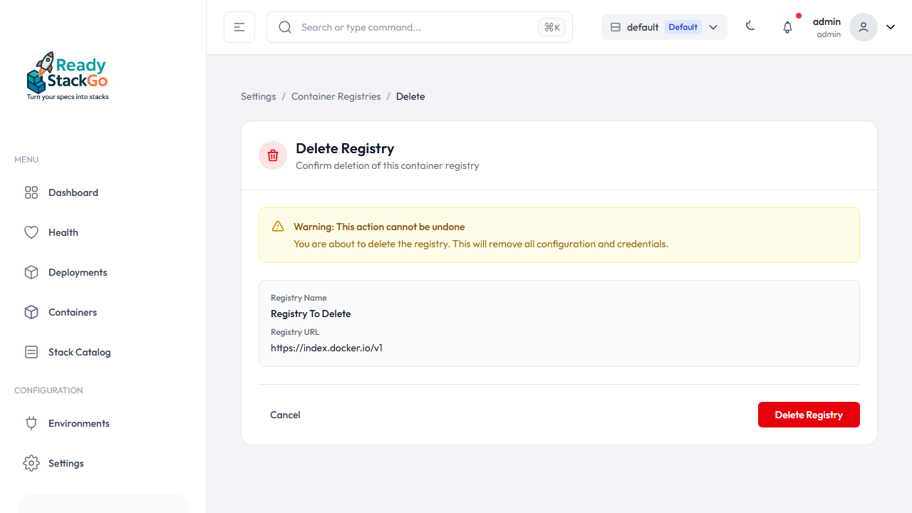 Lösch-Bestätigung mit Registry-Details und Warnung