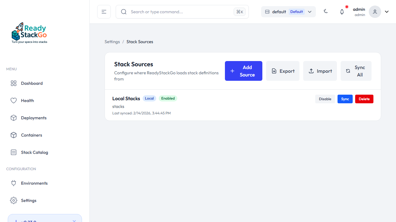 Stack Sources Übersichtsseite mit Aktions-Buttons