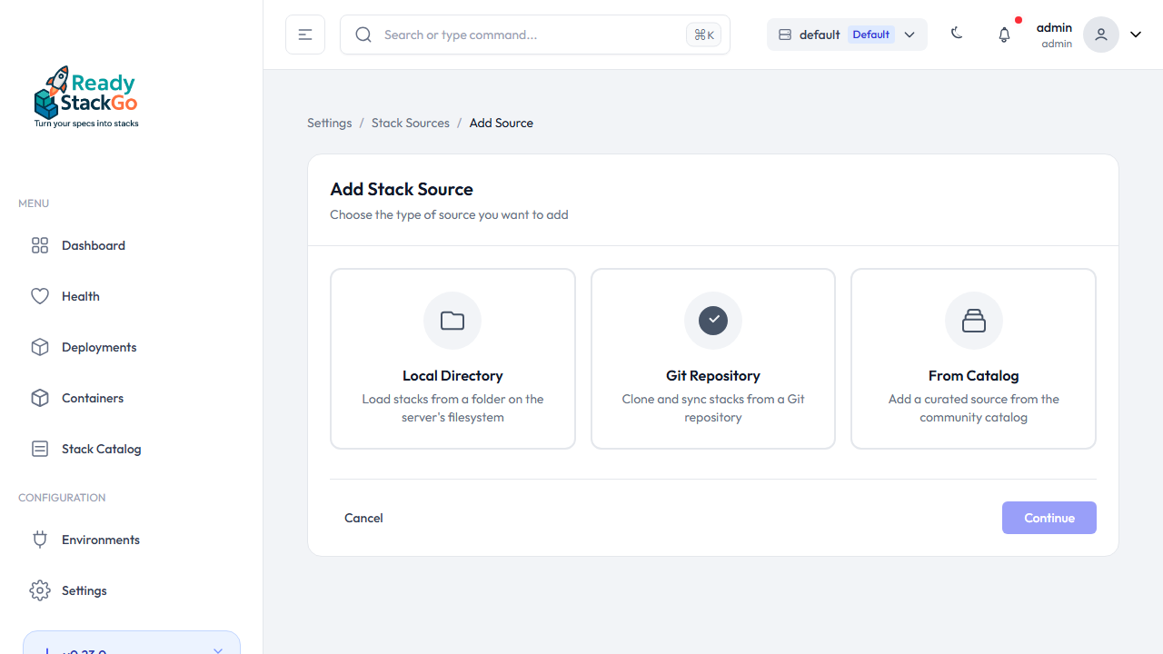 Quelltyp-Auswahl mit drei Optionen