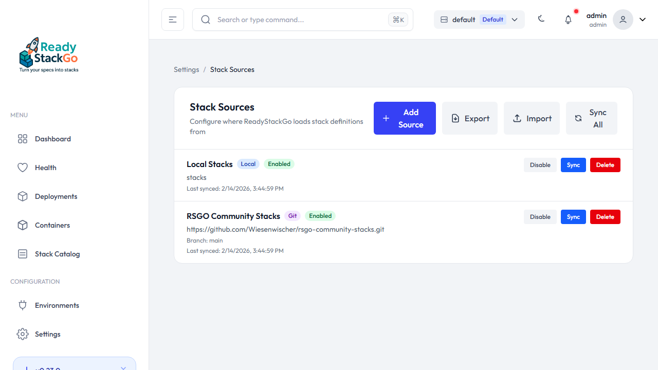 Export und Import Buttons in der Quellen-Übersicht